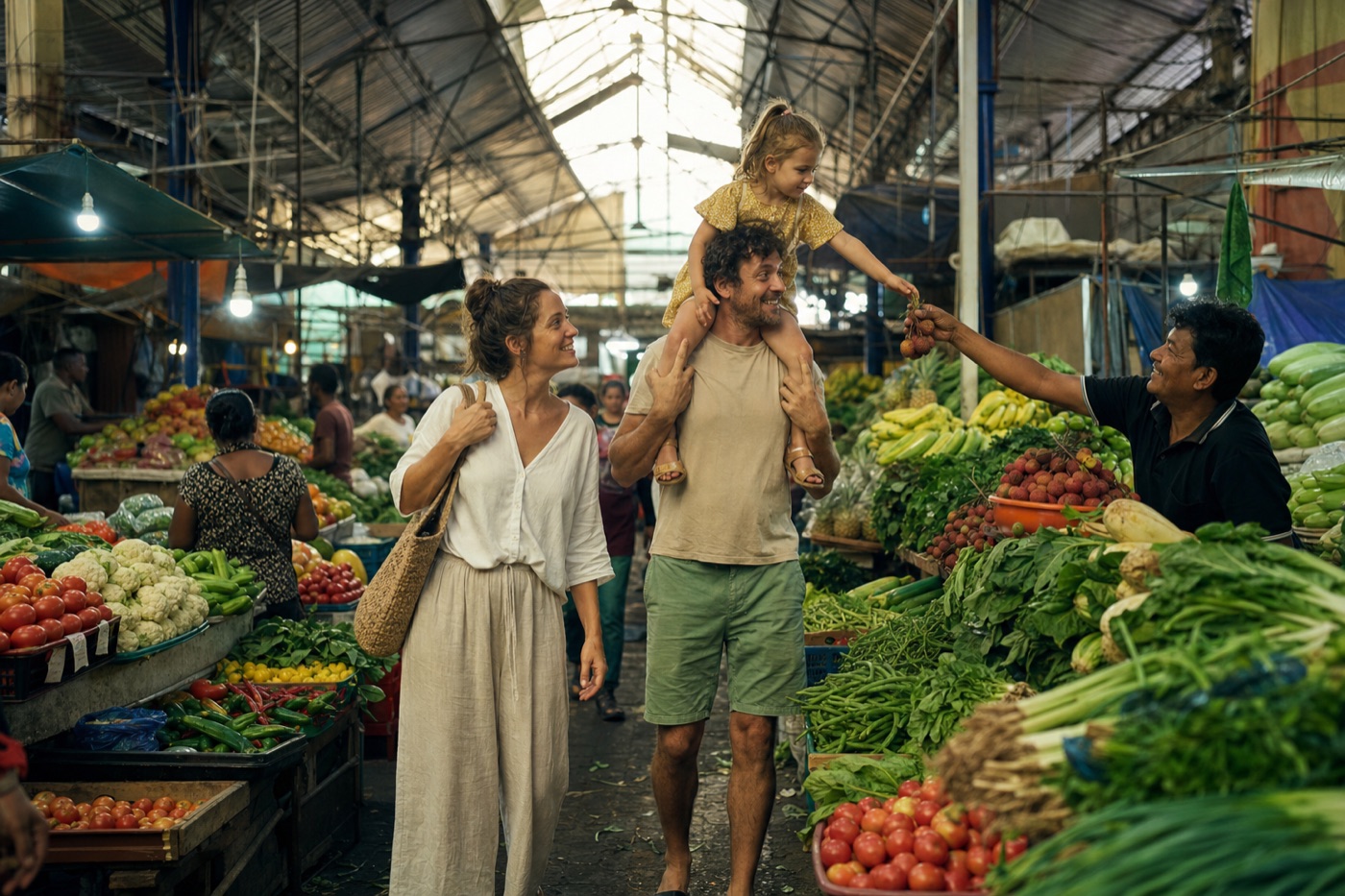 A family meeting a stallholder at a Mauritian market